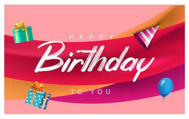 Naklejka premium Happy Birthday typography vector design for greeting cards and poster with balloon, confetti and gift box, design template for birthday celebration.