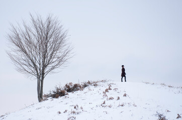 one tree and one men in a cold winter day