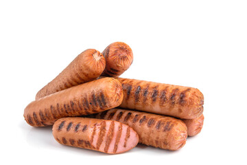 grilled sausages on a white isolated background, close-up, horizontal view