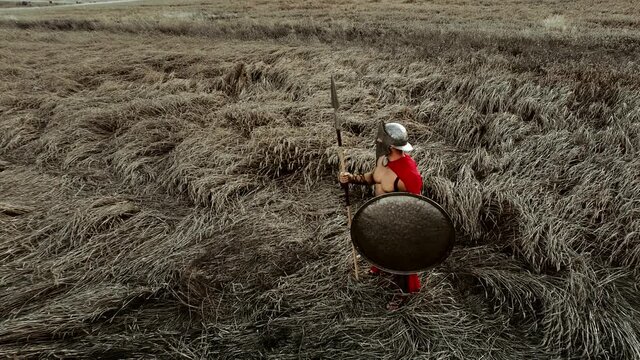 Shirtless spartan in armor in dry field.