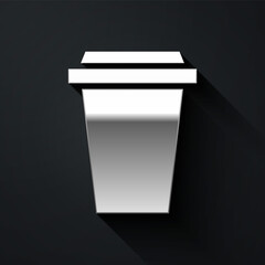 Silver Coffee cup to go icon isolated on black background. Long shadow style. Vector Illustration.