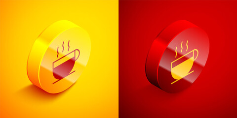 Isometric Coffee cup icon isolated on orange and red background. Tea cup. Hot drink coffee. Circle button. Vector Illustration.