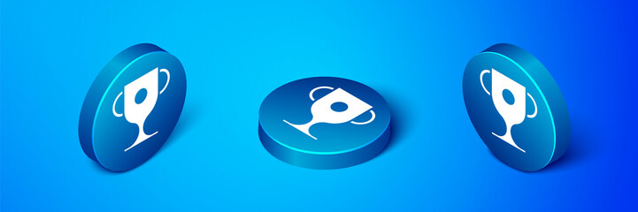 Isometric Award cup icon isolated on blue background. Winner trophy symbol. Championship or competition trophy. Sports achievement sign. Blue circle button. Vector Illustration.