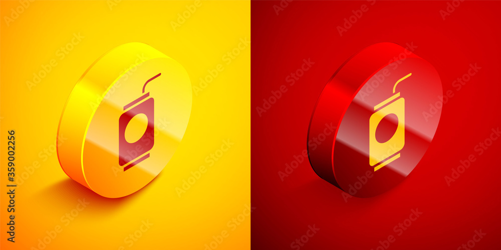 Poster isometric soda can with drinking straw icon isolated on orange and red background. circle button. ve