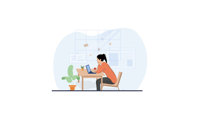 Young woman working at Home Office. Freelance woman working on a laptop at her house.  Vector illustration isolated on white background.