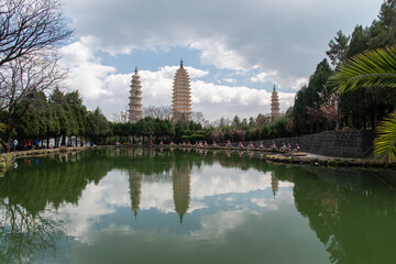 February 2019. Dali, China. The Three Pagodas are located in the Chongsheng temple.