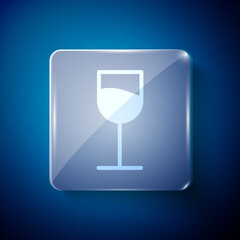 White Wine glass icon isolated on blue background. Wineglass sign. Square glass panels. Vector Illustration.