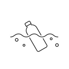 Bottle floats in an ocean or a river. Plastic pollution concept. Environmental problem, microplastics in water. Thin line icon. Black outline on white background. Vector illustration, flat, clip art.