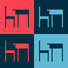 Pop art School table and chair of classroom icon isolated on color background. School desk. Vector Illustration.