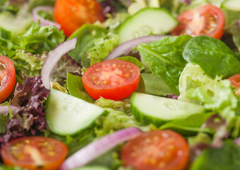 Fresh healthy vegetarian vegetables salad with tomatoes and cucumber, red onion and spinach close up.