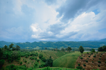 landscape with mountains.