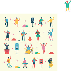 Fototapeta premium Vector background in a flat style of group of singing and playing music instrument people