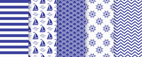 Nautical seamless pattern. Sea navy blue backgrounds with sailboat, waves, zigzag, stripe and wheel. Vector. Set marine textures. Geometric print for baby shower, scrapbooking. Monochrome illustration