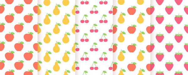 Fruit seamless patterns. Vector. Summer prints with strawberry, apple, pear and cherry. Set abstract simple textures. Flat illustration.