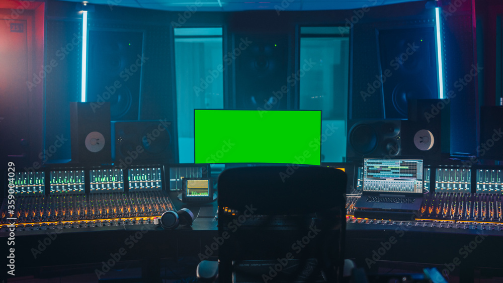 Aufkleber modern music record studio control desk with green screen chroma key computer, equalizer, mixer and 