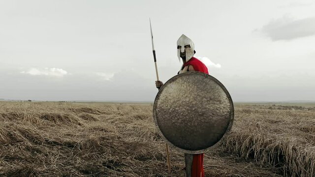Fearless spartan in red cloak in dry field.