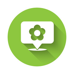 White Location with flower icon isolated with long shadow. Green circle button. Vector Illustration.