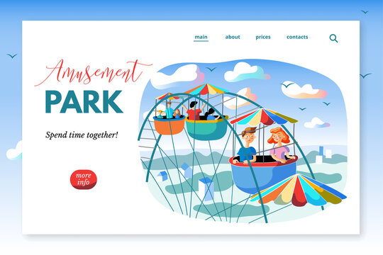 Amusement park webpage template. Ferris wheel ride flat vector illustration. Cheerful visitors cartoon characters. Traditional fairground attraction. Happy children on observation wheel.