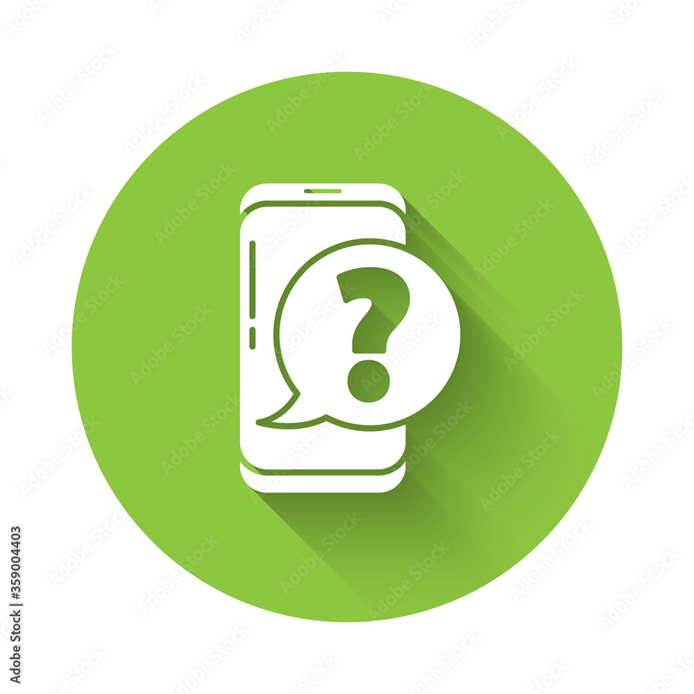 Poster white mobile phone with question icon isolated with long shadow. green circle button. vector illustr