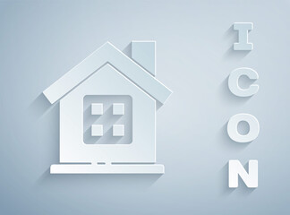 Paper cut House icon isolated on grey background. Home symbol. Paper art style. Vector Illustration.