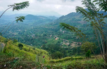 Foto op Canvas View from above to the green mountains, pathway, smoke and village in Sri Lanka. © Lila Koan