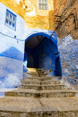 It's Blue painted walls of the houses in Chefchaouen, small town in northwest Morocco famous by its blue buildings