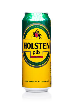 LONDON, UK - JANUARY 02, 2018: Aluminium can of Holsten pils beer on white.Brewing company founded in 1879 in what is now Hamburg's Altona-Nord.