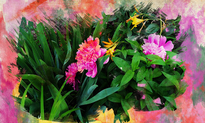 Нежная акварель цветы Пионы в Клумбе 