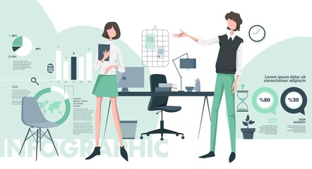 Infographic elements. Business people speak in the office. There are infographics in the background. Business vector Illustration, social communication graphic concept with charts and numbers.