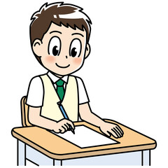 高校生　男子　男子高生　テスト　プリント　勉強　制服　学生　中学生　中高生　生徒　テスト　テスト用紙　答案用紙　答案　教育　学校　スクール　授業　学習　勉強　予備校　塾　試験　受験生　受験　夏期講習　机　夏服　10代　学生服　半袖　かわいい　若い　男　男の子　男性　男子学生　アニメ　マンガ　まんが　漫画　キャラクター　元気