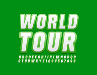 Vector trendy logo World Tour. White and Green Font. Bright Alphabet Letters and Numbers