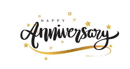 Fototapeta na wymiar Happy Anniversary lettering text banner, greeting card scratched calligraphy black text word gold stars. Hand drawn invitation. Handwritten modern brush lettering white background.