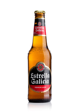 LONDON, UK - November 17, 2017: Bottle of Estrella Galicia pale lager draft beer on white. Estrella Galicia is produced by Hijos de Rivera Brewery in La Coruna,Spain since 1906.