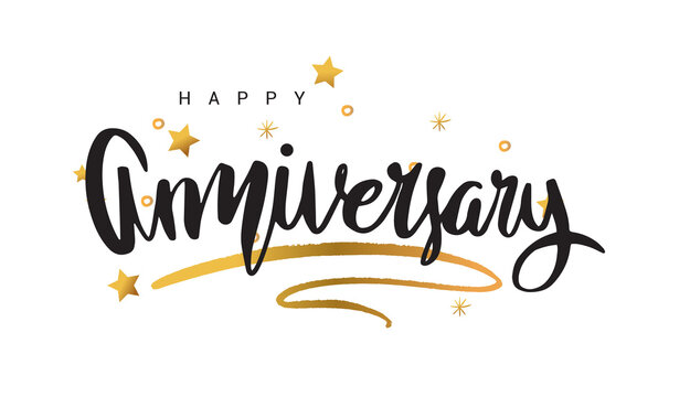 Happy Anniversary lettering text banner, greeting card scratched calligraphy black text word gold stars. Hand drawn invitation. Handwritten modern brush lettering white background.
