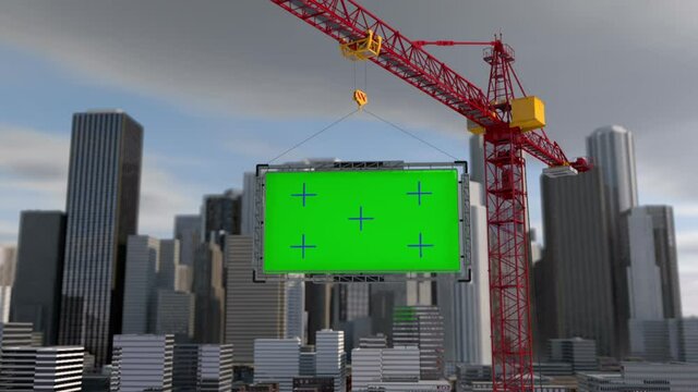 Crane lifts the billboard. city landscape. Tracking your content. Green screen