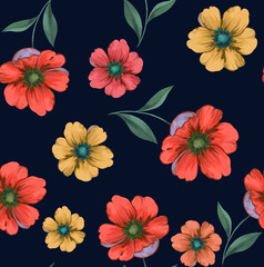 Fashion bright  floral pattern with flowers daisies and dark blue background.