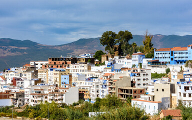 Fototapeta na wymiar It's Panoramic view of the Chefchaouen, small town in northwest Morocco famous by its blue buildings