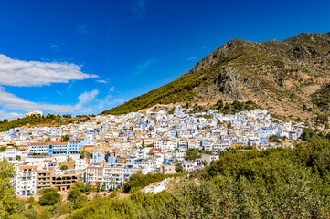 Fototapeta na wymiar It's Panoramic view of the Chefchaouen, small town in northwest Morocco famous by its blue buildings