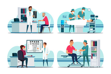 Vector set of medical treatment in hospital