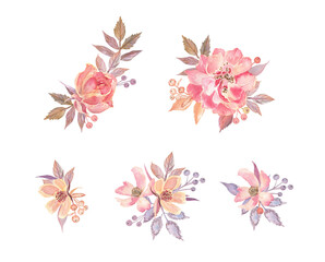 Five pretty watercolor compositions of roses, leaves and berries. Small and nice bouquets are great for visit cards, invitations and as design elements.