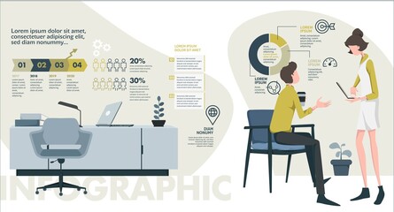 Infographic elements. Business people speak in the office. There are infographics in the background. Business vector Illustration, social communication graphic concept with charts and numbers.