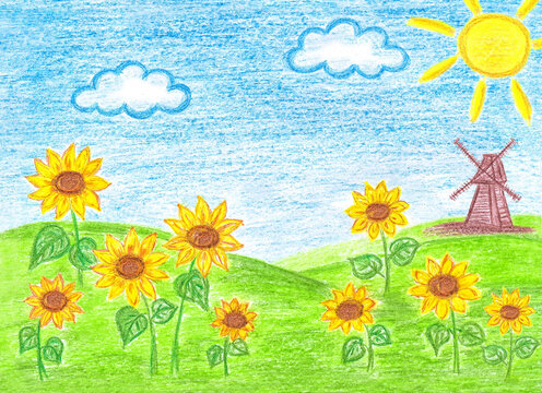 Summer landscape with sunflowers and windmill, colored pencils drawing