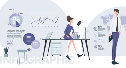 Fototapeta na wymiar Infographic elements. Business people speak in the office. There are infographics in the background. Business vector Illustration, social communication graphic concept with charts and numbers.
