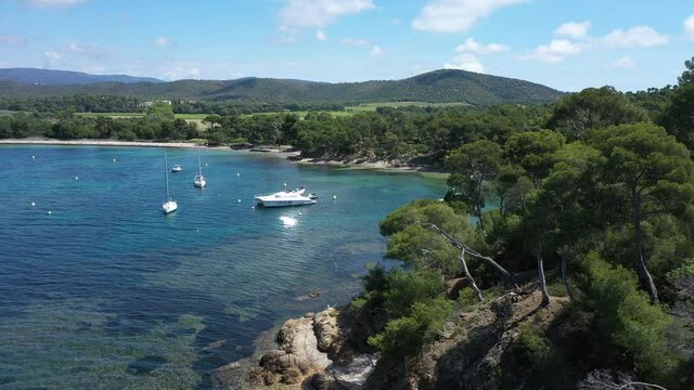 France, Cote d'Azur, Aerial view of Cap Leoube and Estagnole beach located near Bormes les mimosas,