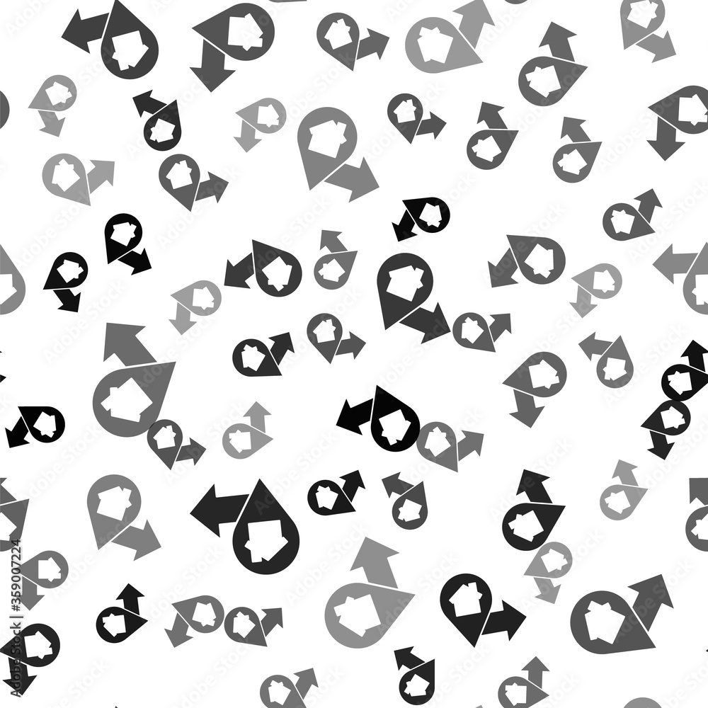 Poster black map pointer with house icon isolated seamless pattern on white background. home location marke