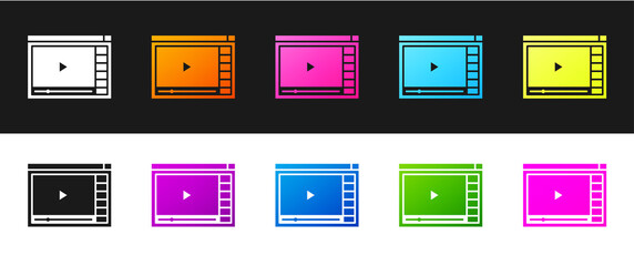 Set Online play video icon isolated on black and white background. Film strip with play sign. Vector Illustration.