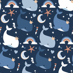 Seamless childish pattern with whales. Creative kids hand drawn texture for fabric, wrapping, textile, wallpaper, apparel. Vector illustration