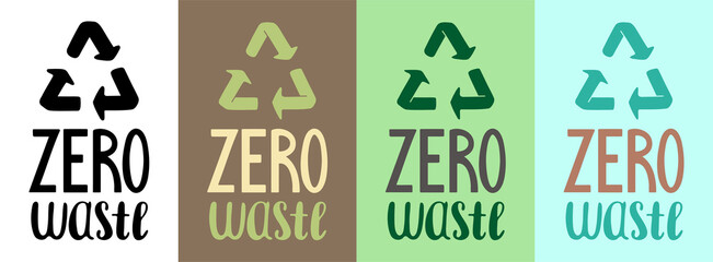 Zero waste handdrawn letterings with recycle signs set. Vector illustration.