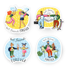 Best friend forever stickers set. Bundle of young man, boys, girl, woman spending time together, skateboarding, share ice cream, caring dog, pillow fighting. Friendship, childhood concept. Vector.