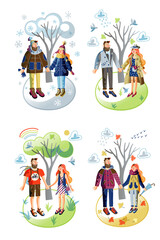 Obraz na płótnie Canvas Vector character illustration cute couple in four seasons